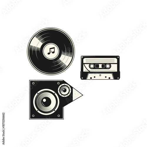 An illustration featuring vintage audio equipment, including a classic vinyl record with a music note icon, an old-fashioned cassette tape, and a modern speaker.