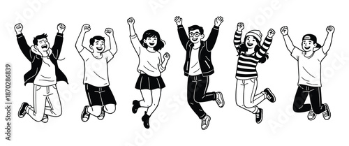 Group of enthusiastic young people joyfully jumping and cheering in celebration of success