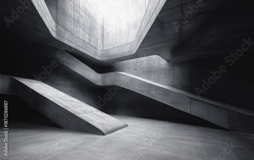empty concrete interior with sweeping curved ramps, large skylight and dramatic light and shadow conveying a quiet austere contemplative mood