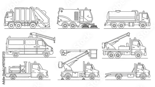 Collection of detailed line art illustrations featuring essential utility and municipal service vehicles