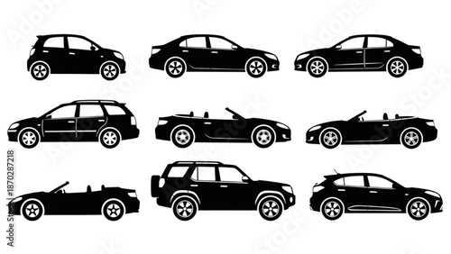 Set of Various Car Silhouettes on White Background, Modern Vehicles