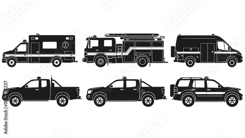 Set of diverse black silhouette emergency and utility service vehicles icons and symbols