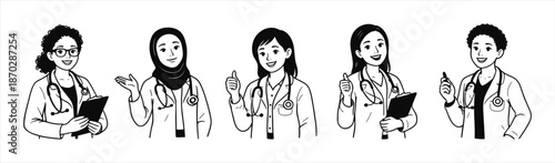 Diverse group of female doctors posing with stethoscopes and clipboards