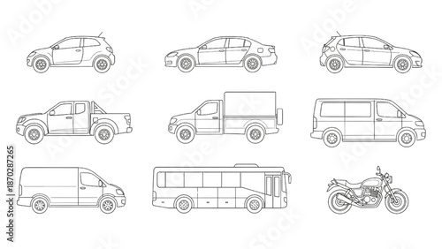 Collection of diverse line art vehicle outlines for modern transportation concepts and design projects