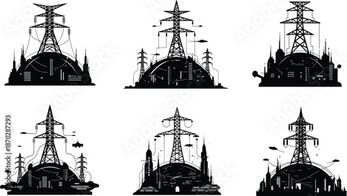 Collection of High Voltage Electric Pylon Silhouettes, Messy Urban Power Lines, Utility Poles, and Industrial Crane Structures for Energy Grid Infrastructure,