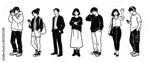 Diverse group of people illustrated in a minimalist black and white style