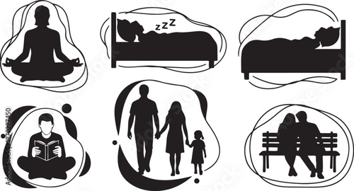 Silhouettes of people sleeping and meditating in various scenes