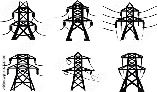 High Voltage Electric Power Transmission Tower Illustration Set for Energy Infrastructure Grid Utility Distribution Network Substation Engineering and Vector Graphics Design