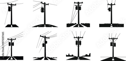 Comprehensive Electrical Infrastructure Silhouette Collection Featuring Utility Poles, High Voltage Transmission Towers, Lineman Maintenance Workers, Power Grid Components, and Storm Damage Scenarios