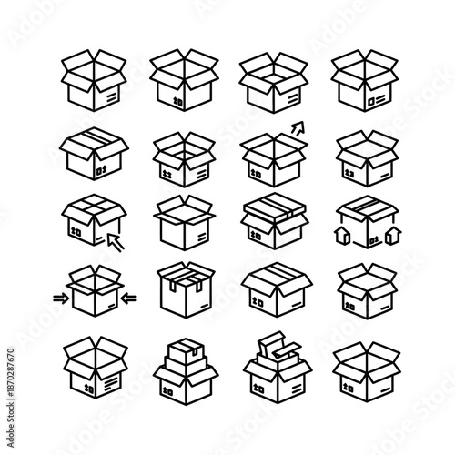 Collection of line art icons depicting various cardboard boxes in open, closed, stacked, and shipping states.