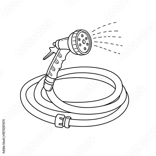 Lined drawing of garden hose with a spray nozzle emitting dotted water lines