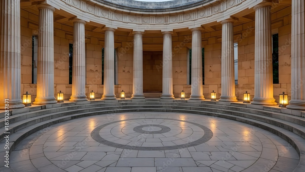 Fototapeta premium Circular stone building with columns and lanterns, interior view of a classical temple or rotunda at dusk