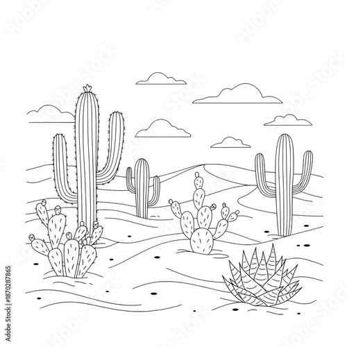 Desert Landscape Line drawing with cacti, sand dunes, & clouds in black and white