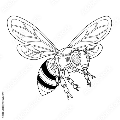 Robotic bee, black and white line art; intricate mechanical detail, wings extended, against white