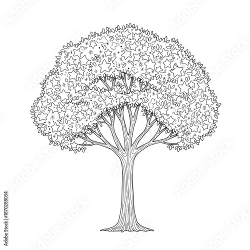 Starry Tree Detailed black & white sketch of a tree with star and leaf foliage
