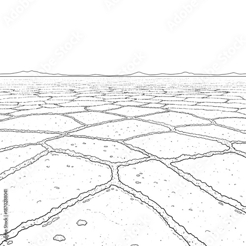 Arid landscape shows cracked ground under a vast sky with distant mountains
