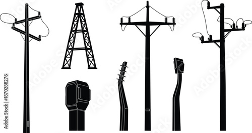 Electrical power line tower pylon silhouettes, industrial utility worker maintenance icons set, high voltage electricity transmission grid, infrastructure engineering vector,