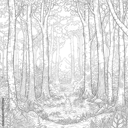 Forest's Embrace A detailed black and white coloring page featuring a dense forest scene