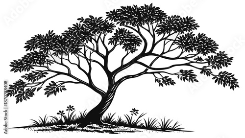 Tiny Spice Plant and Clove Tree Illustration, Solid Black Vector Graphic for Minimalist Logo Design and Natural Health Product Labeling