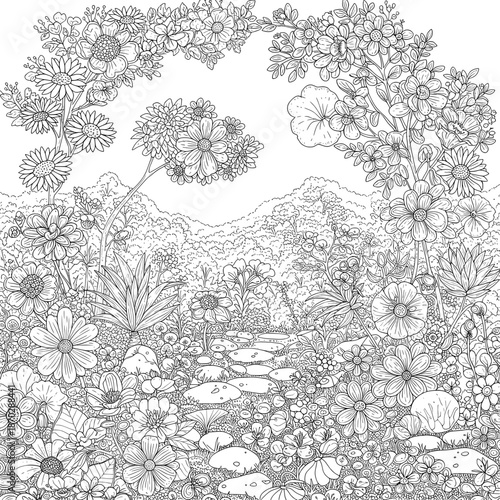 Blooming Garden Floral patterns outlining a serene mountain scenery in monochrome