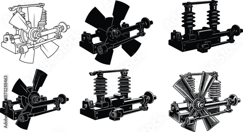 Industrial High Voltage Electrical Insulator and Cooling Fan Illustration Set for Power Substation Infrastructure Grid Engineering Design and Technical Graphics