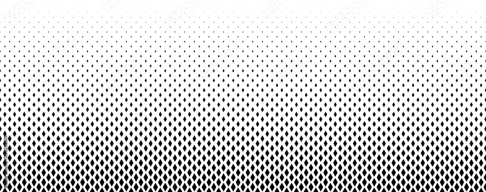 Obraz premium Fading diamond shape gradient pattern. Abstract rhombus gradation background. Back and white rhomb halftone wallpaper for graphic design, poster, medical banner. Vector vertical transition pattern bg