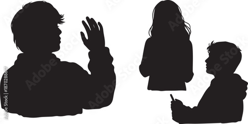 Silhouettes of people in various poses and actions