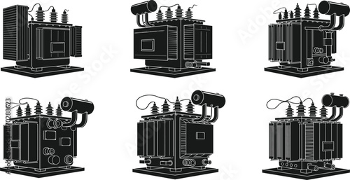 High Voltage Electrical Transformer Illustration Set for Power Distribution Grid Energy Infrastructure Industrial Engineering and Electric Utility Substation Vector Graphics Design