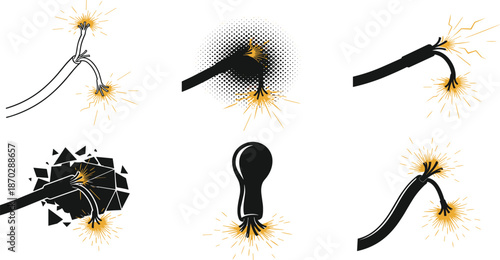 Electrical wire sparks illustration, damaged cable short circuit icons, broken power lines, electric hazard concepts, black and white vector set