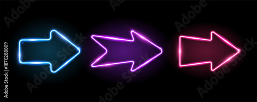 Blue, purple and pink neon arrow elements. 3 glowing led direction signs. Shine arrowhead shape tube lamps. Bright luminous fluorescent pointers for banner, poster, logo. Vector neon led lights