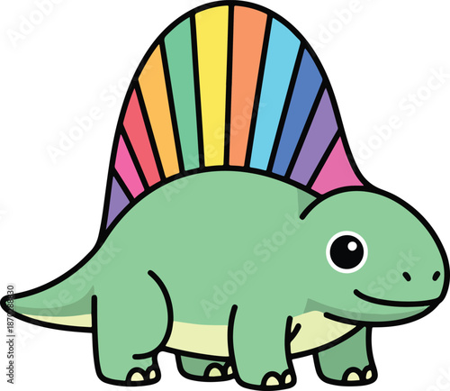 Cute green dinosaur with a rainbowstriped sail on its back