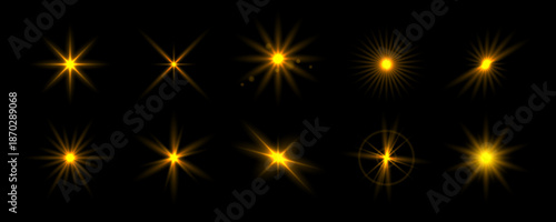 Gold glowing sparkle set. Shining light flare effect collection. Radiant sun beam burst bundle. Magical golden stars, twinkles and sparks glowing pack. Starlight rays radiance sun elements. Vector