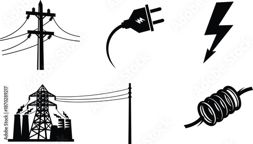 Electricity and power icon set, industrial energy generation symbols, electrical plug, lightning bolt, transmission lines, power plant, wire coil, voltage