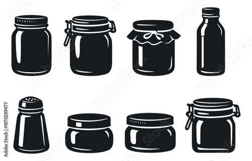 Modern line art jar and bottle set featuring various glass containers and a shaker for food storage and preservation