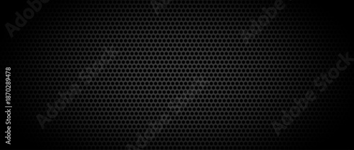 Black geometric perforated background. Abstract tech pattern texture. Technical circle grid design wallpaper. Vector illustration isolation concept. Dark grey round hole cover backdrop