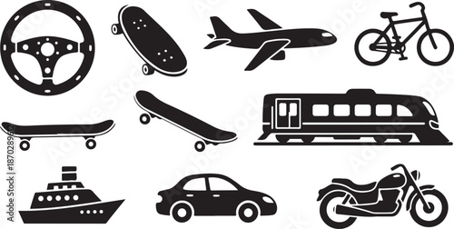 Transportation icons including vehicles and modes of travel