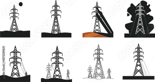 Electricity, industrial, pylon, silhouette, energy, infrastructure, voltage, engineering, tactical, sniper, camouflage, military, grid, technology, power.