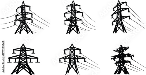 Electricity, Tower, Silhouette, Set, Power, Line, Transmission, Pylon, High, Voltage, Electric, Grid, Energy, Infrastructure, Industrial, Engineering, Supply, Vector, Icons, Illustration