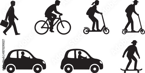 Silhouettes of people commuting in various ways daily