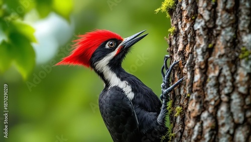 Pileated woodpecker with vibrant red crest perched on tree trunk, showcasing its black and white feathers and sharp beak, highlighting its natural habitat and unique characteristics.