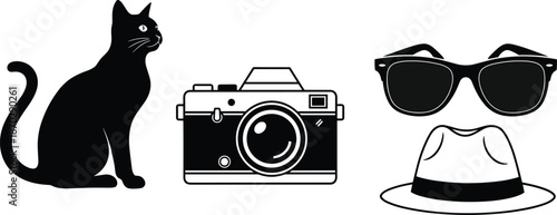 Black silhouette of a cat sitting next to a vintage film camera with stylish sunglasses and a classic summer hat.