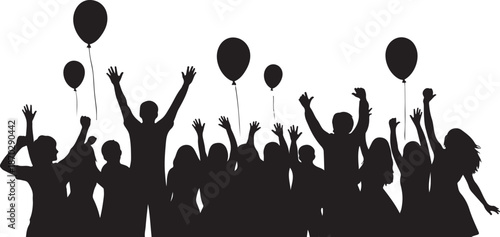 Silhouette of a joyful crowd with balloons celebrating