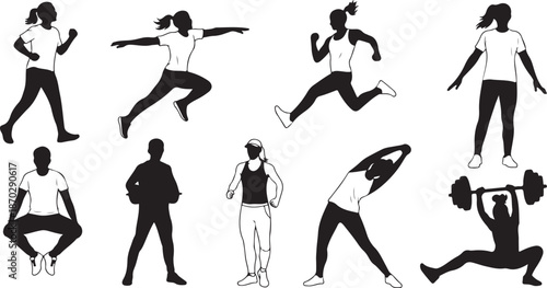 Fitness Silhouettes of People Exercising and Running Together