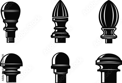 Fence finials, decorative post caps, metal toppers, architectural detail, railing design, outdoor ornament, garden fence, classic style, iron accent, landscaping hardware