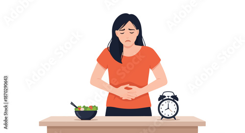 Woman suffering from stomach pain and digestive discomfort after eating, highlighting the impact of unhealthy eating habits on overall health and the importance of mindful wellness