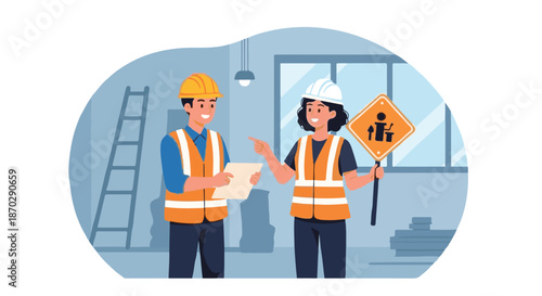 Construction workers discuss site plans and safety. One holds a danger sign, highlighting communication, teamwork, and risk management on a building project