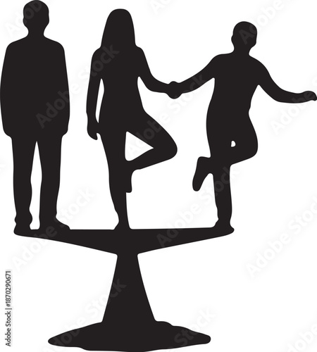 Silhouettes of three people on seesaw balance