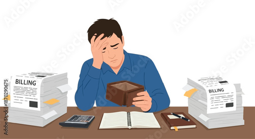 Overwhelmed man facing financial crisis, holding an empty wallet amidst towering stacks of billing documents, depicting the heavy burden of debt and economic despair