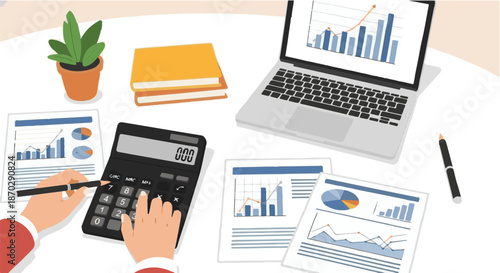 Financial Analysis and Business Planning with Calculator, Laptop, and Charts on a Desk