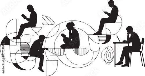 Silhouettes of people working in modern office spaces